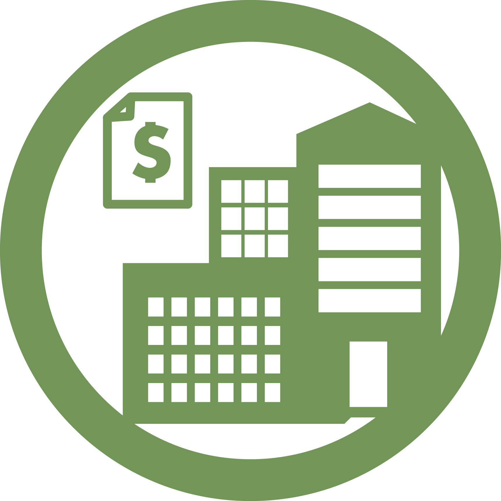 Competitive Task Force Logo - Green buildings and a spreadsheet enclosed by a green circle.